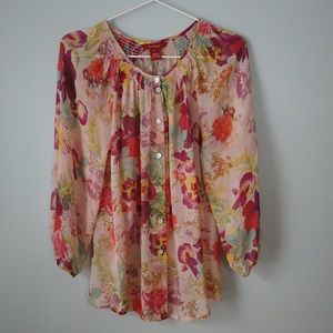 Sundance Silk Sheer Floral Button Boho Blouse